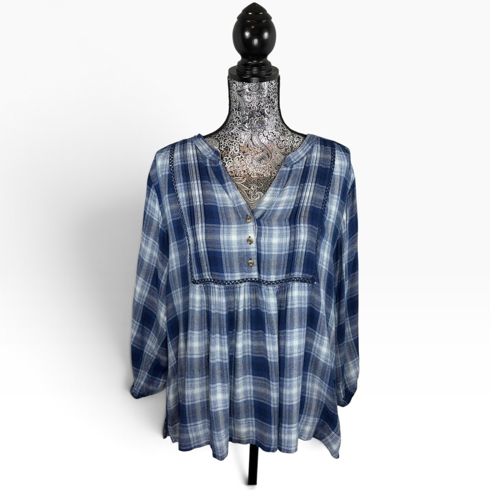 Wrangler Blue Plaid Babydoll Tunic Blouse L Long Sleeve Boho Cottagecore